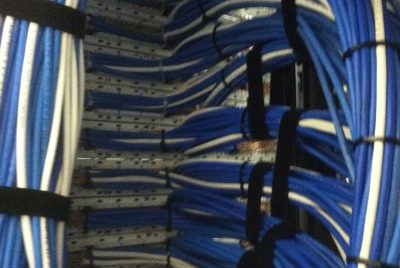 Neatly dressed blue and white network cables in a rack